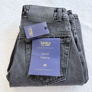 NWT Cavalli Class High Rise Straight Leg Faded Black Denim Women's Jeans SZ 26